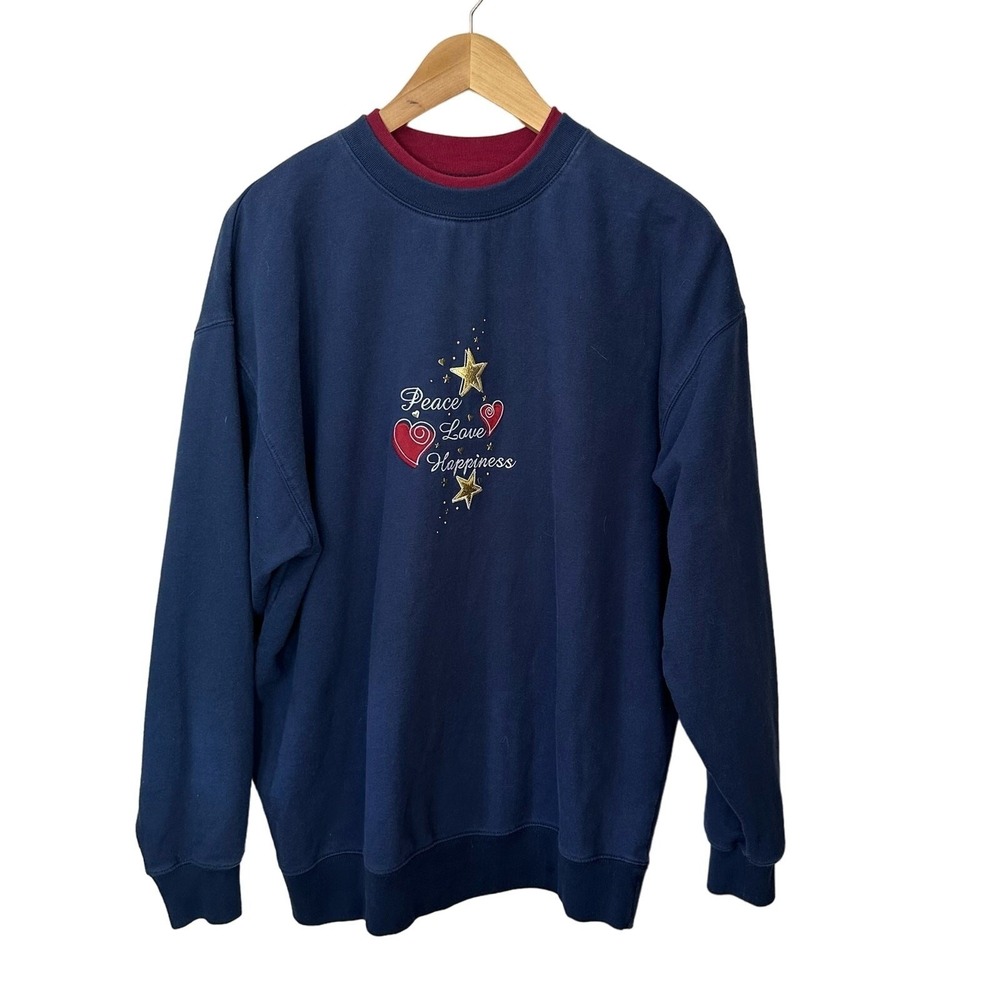 Vintage M&C Sportswear Sweatshirt Womens XL Peace Love Happiness Stars Blue